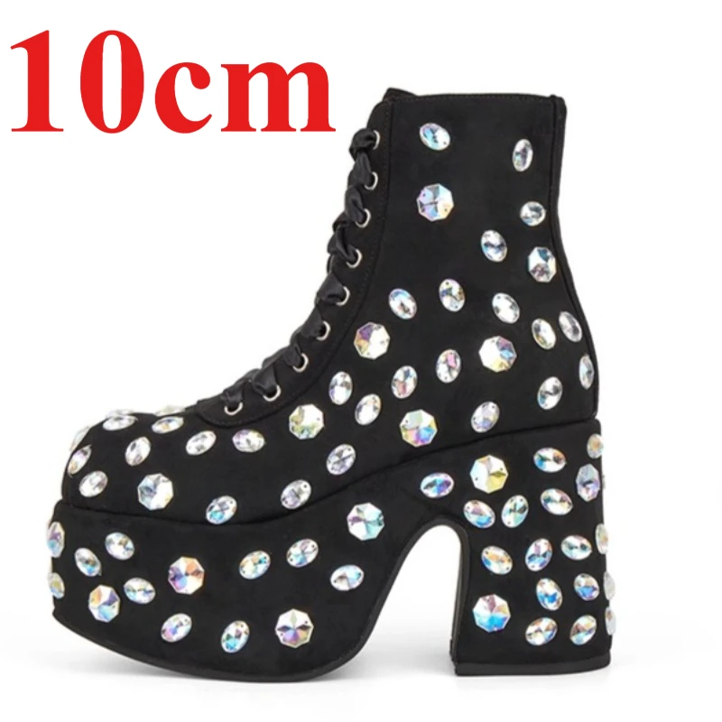 Pink Street Style Crystal Round Head Waterproof Platform Thick Heel Boots Shoes for Women's High Quality PU Fashion Short Boots