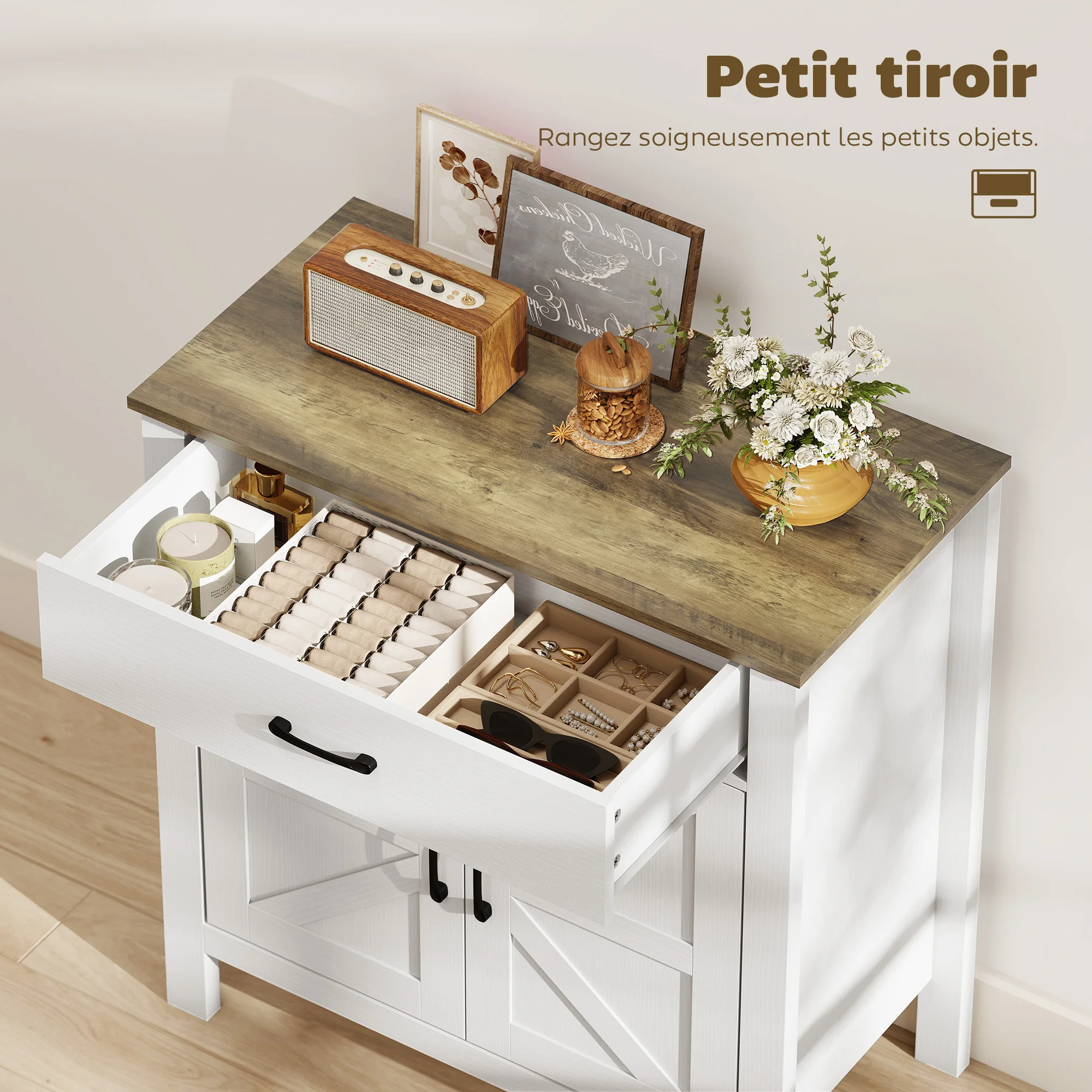 Mueble tipo buffet para la sala de estar, con dos puertas correderas, cajón y estante ajustable, 77 x 39,3 x 81,5 cm, color blanco y marrón.
