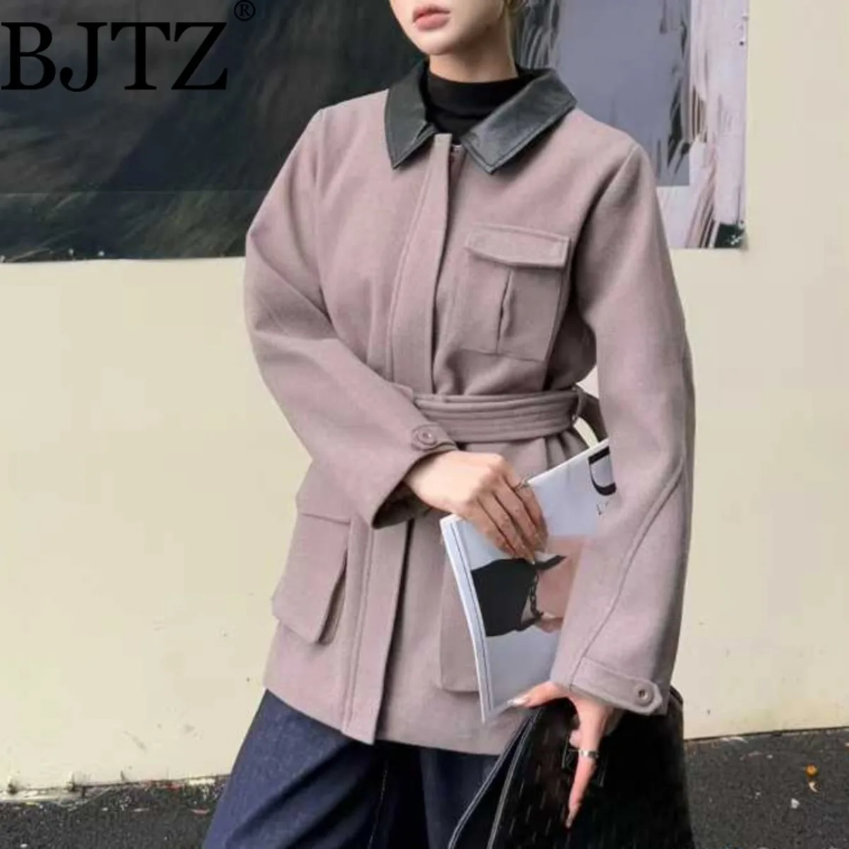 

BJTZ женская куртка с поясом и завязками на талии, осень-зима 202, новое дизайнерское винтажное женское пальто с лацканами контрастного цвета