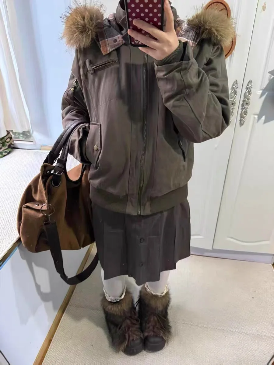High street hip-hop army green button fur collar slim fit thickened zipper jacket women's retro workwear winter women's jacket