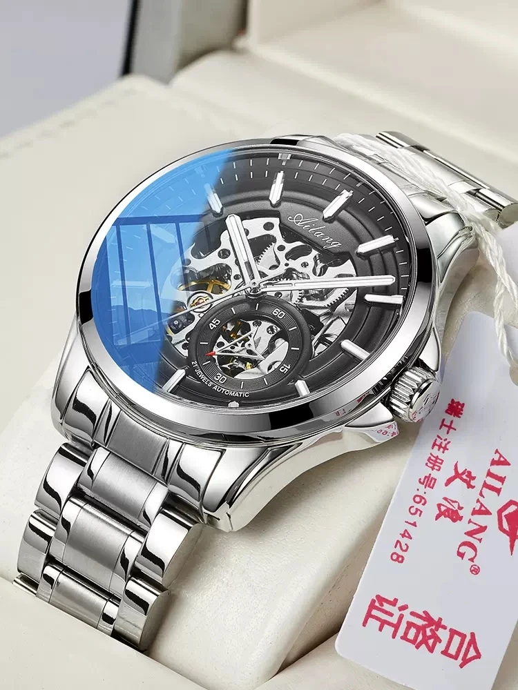 AILANG Fashion Men Automatic Mechanical Watch Stainless Steel Luxury Business Transparent Skeleton Wristwatch Relogio Masculino