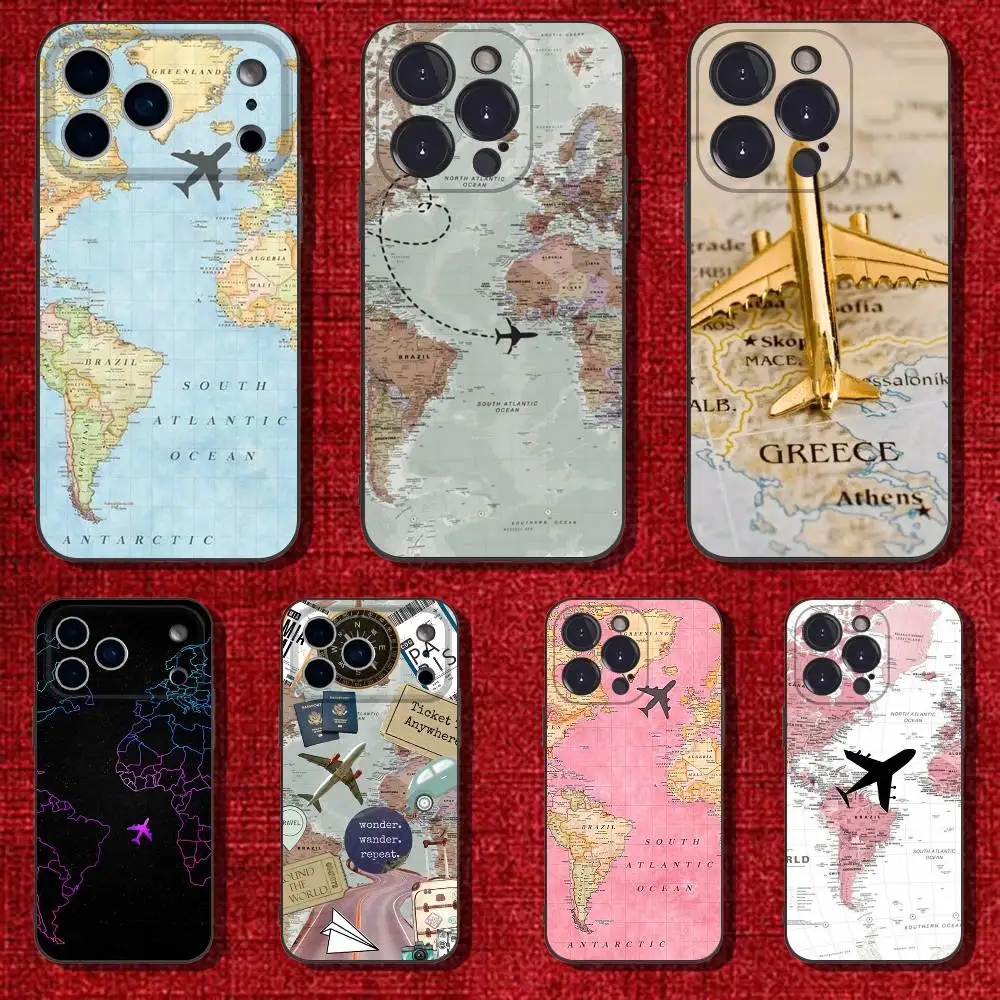 

Airplane Map Phone Case For iPhone 6,17,16,15,14,13,12,11 Plus,Pro Max,XS,X,XR,SE,Mini,8,7,Soft Silicone Black Cover