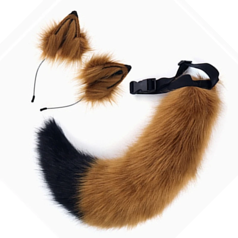 39bdオオカミの耳とテールセット豪華な毛皮のような動物耳ヘッドバンドハロウィーンパーティーコスチューム