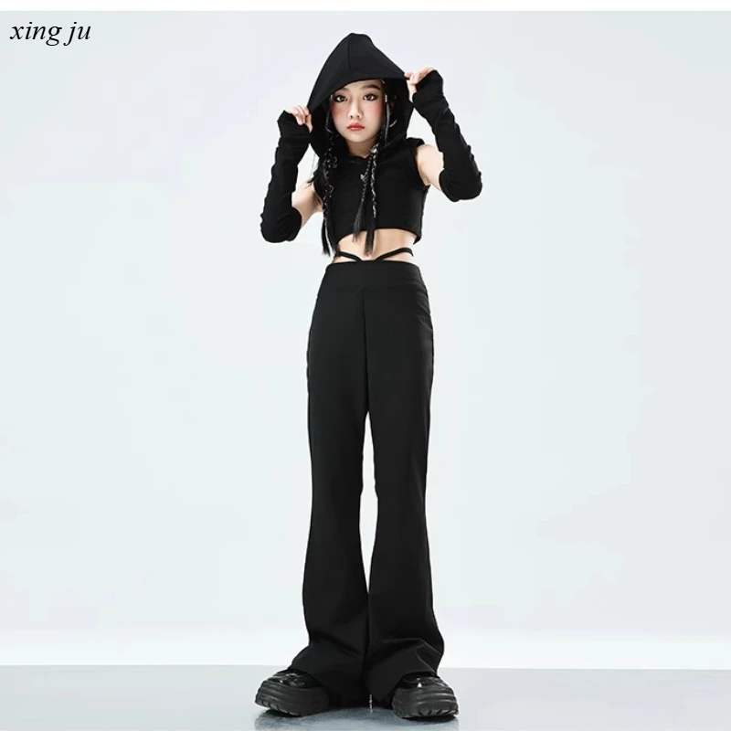 Girl Black Tight Flared Trousers Jazz Costume Children Street Dance Hip Hop Hooded Short Vest Kids Stage Performance Show Sets