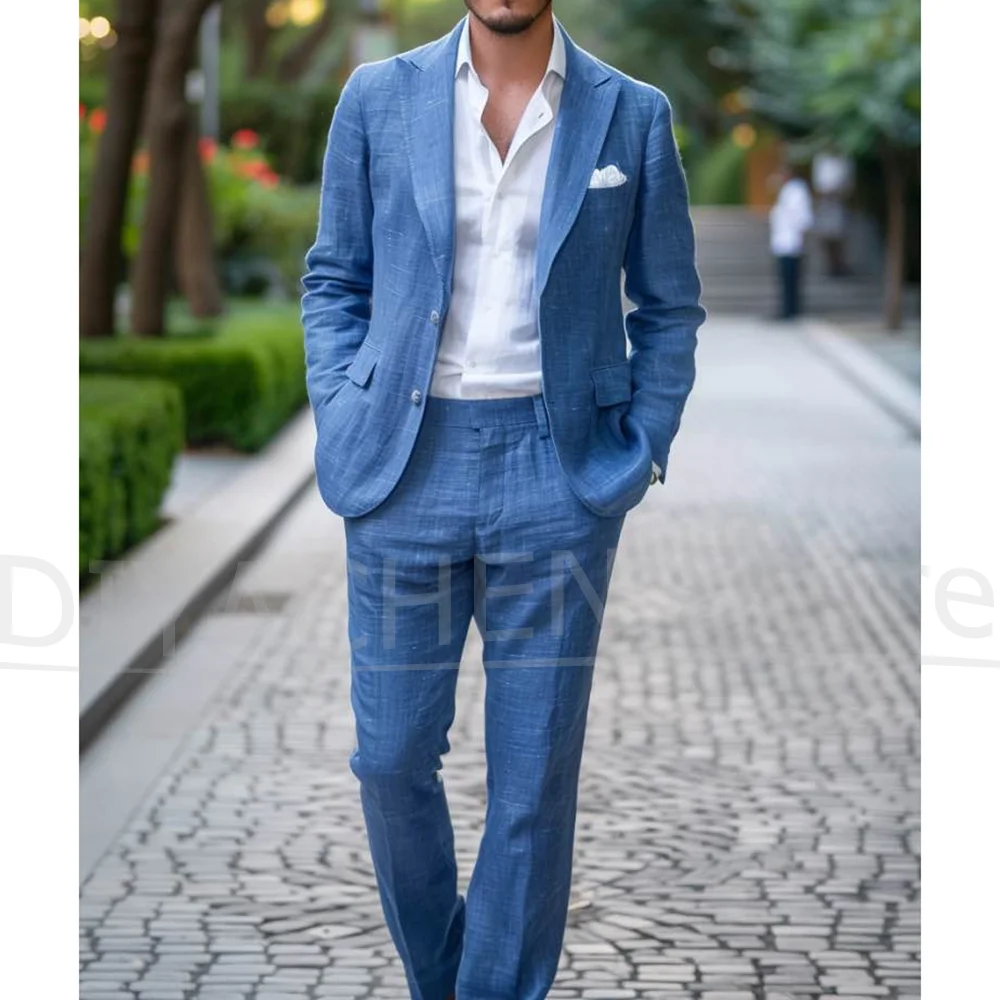 

Мужской льняной костюм, комплект из 2 предметов, шикарный однобортный костюм с пиковыми лацканами, стильный элегантный повседневный удобный мужской костюм для свадебной вечеринки