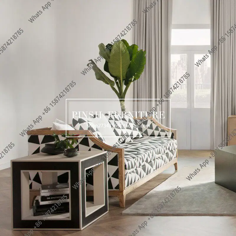 Nordic simple modern solid wood sofa American country log printing fabric living room single double three sofa combination