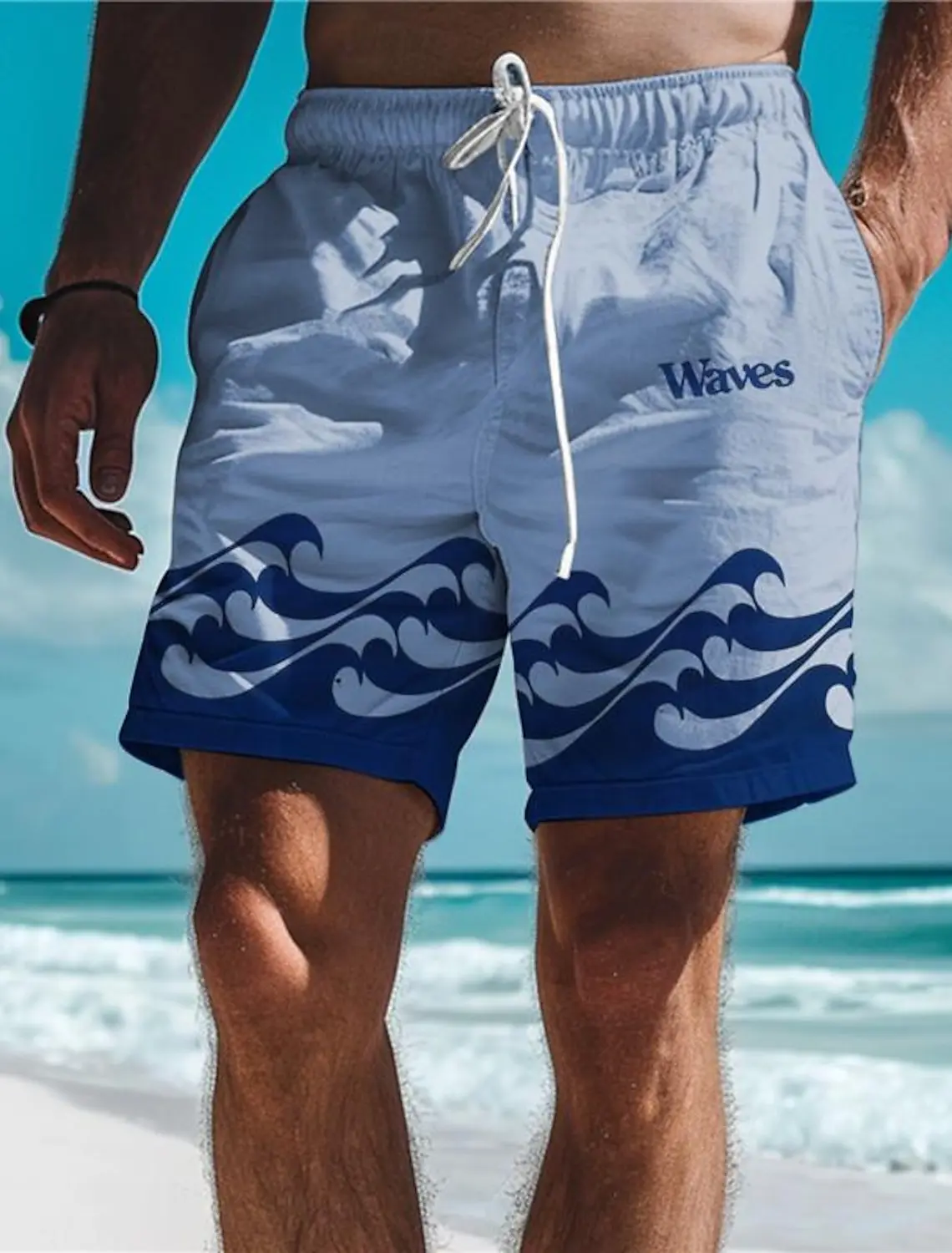Waves Men\'s 3D Printed Board Shorts Swim Trunks Elastic Waist Drawstring Summer New Hawaiian Beach Style Letter Design