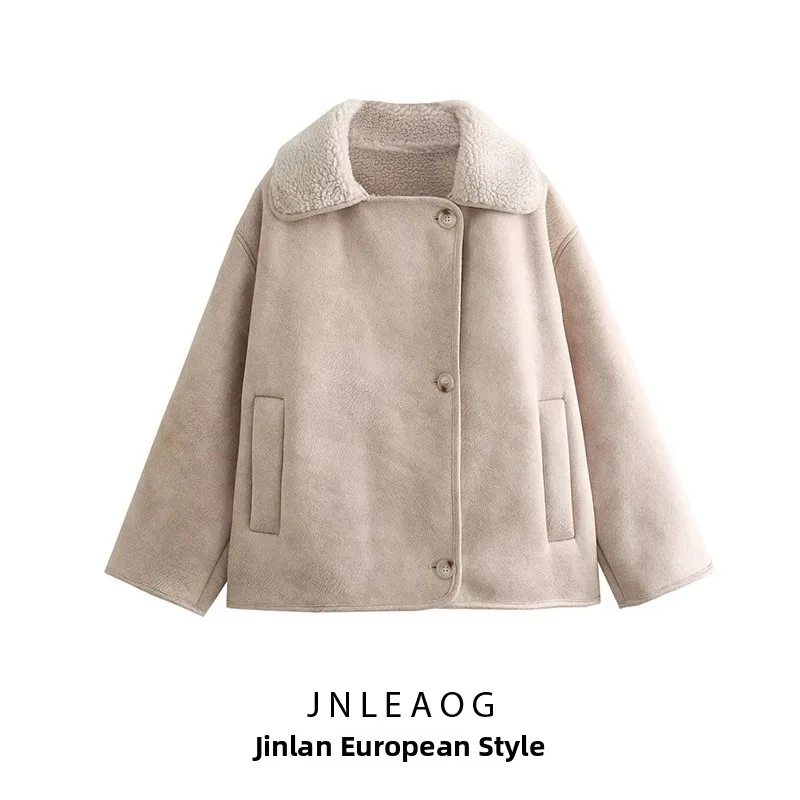

JNLEAOG Spring New Women's Faionable Double-Sided Loose Jaet Outerwear Polyester Fiber Long Sve Pure Color Button Closure
