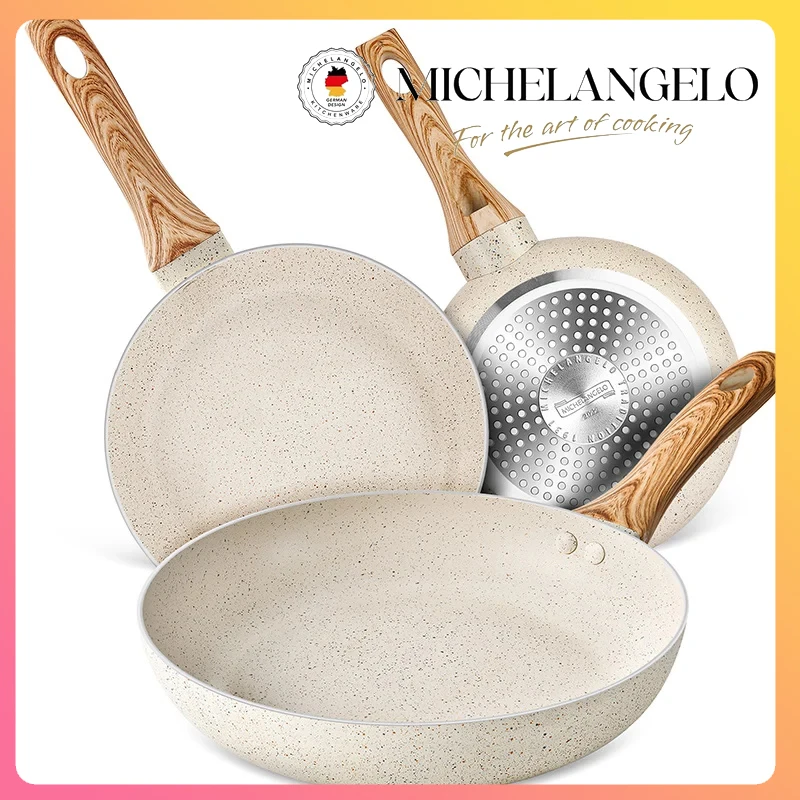 

MICHELANGELO 3pcs/set Granite Coated Frying Pan Home Non Stick Pan with Anti-Scald Handle Induction Cooker Soup Pot Kitchenware