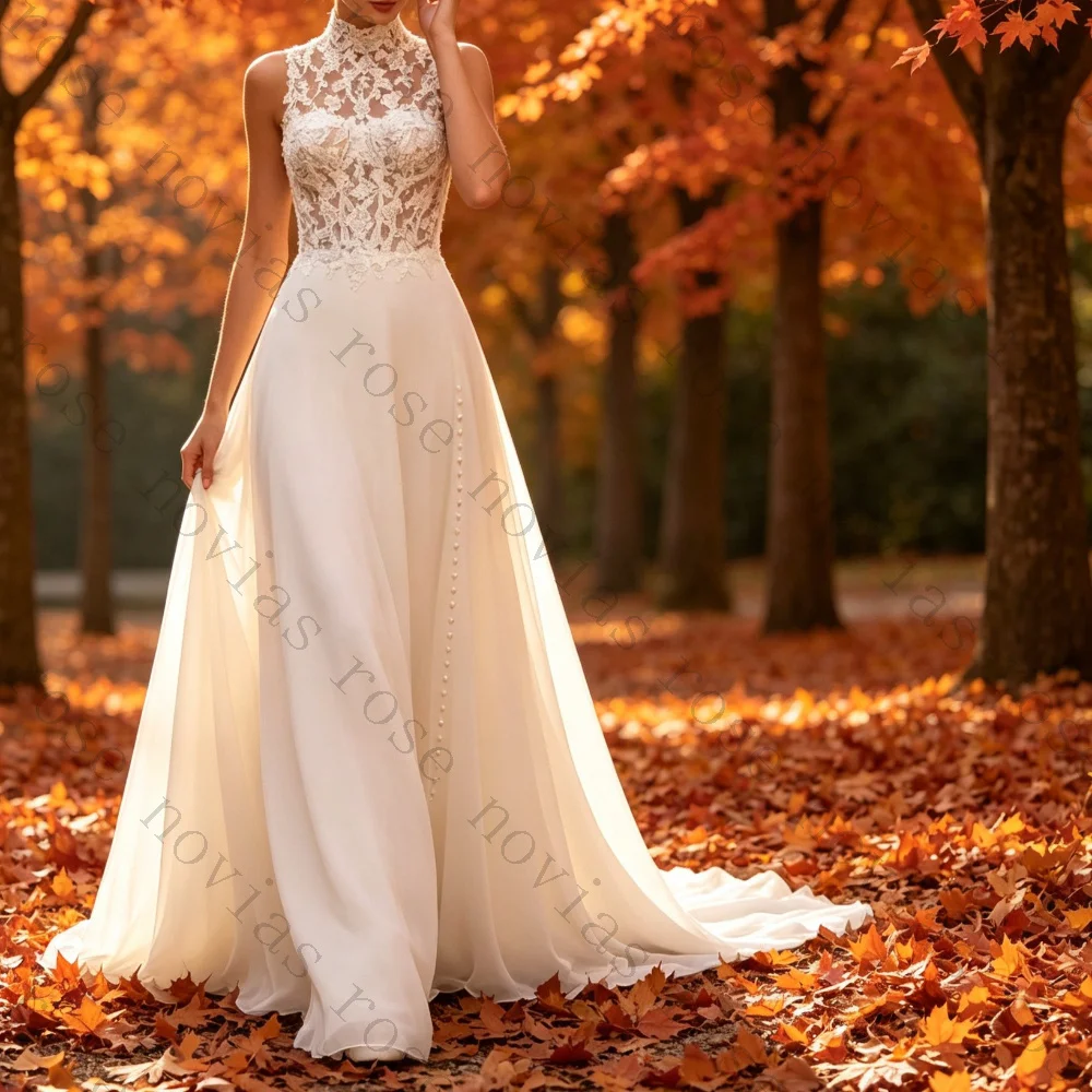 Customized Simple  Long Train Bridal Gowns High Neck Sleeveless Lace Chiffon Sheer Floral A Line Flowy Skirt Wedding Dresses