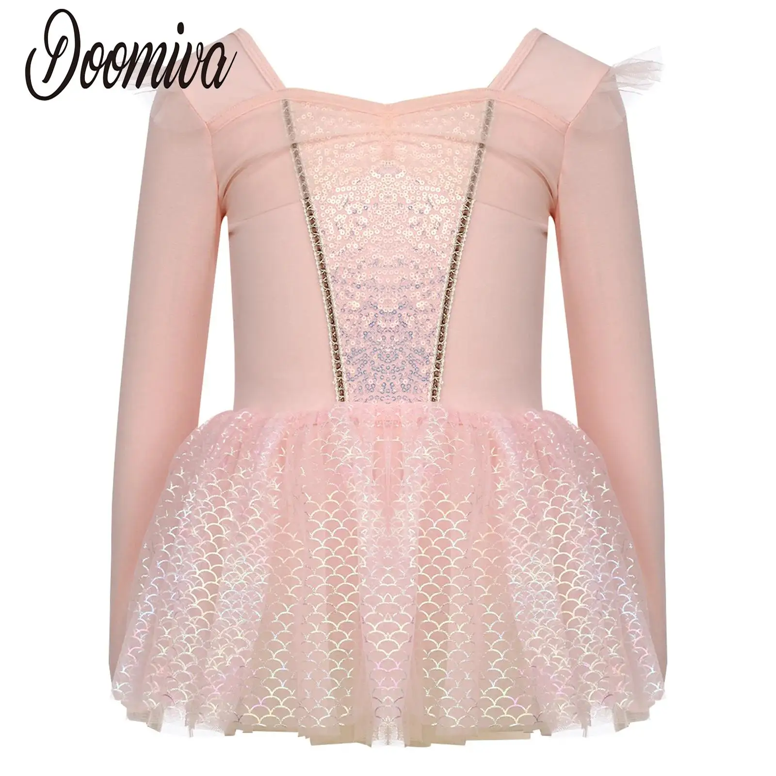 

Детское балетное платье-пачка для девочек, танцевальное платье, трико с длинными рукавами и блестками, лоскутное прозрачное сетчатое тюлевое платье с рюшами, костюм для выступлений, танцевальное платье