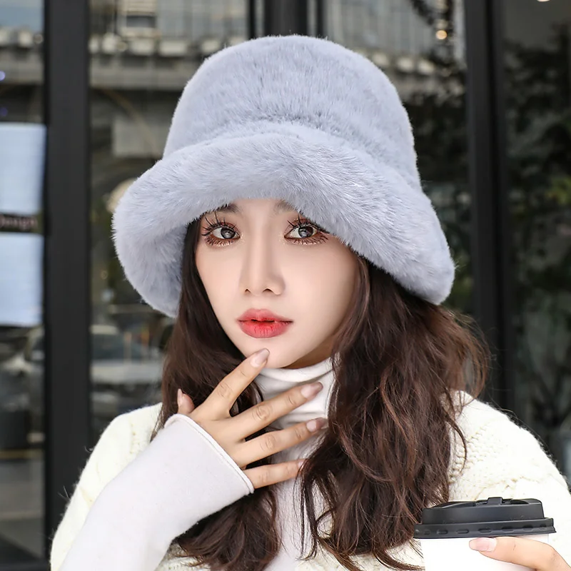 Lady Luxury Fashion Party Fisherman Cap Y2k Fluffy Faux Fur Hat Bucket Women Cap Rabbit Fur Warm Thick Plush WInter Leopard Hat