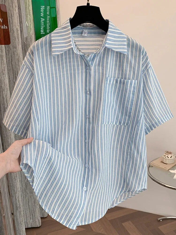 

Loose Women's Cotton Linen Stripe ort Sve irt Summer 2025 Casual Comfortable Versatile Top Button up irt