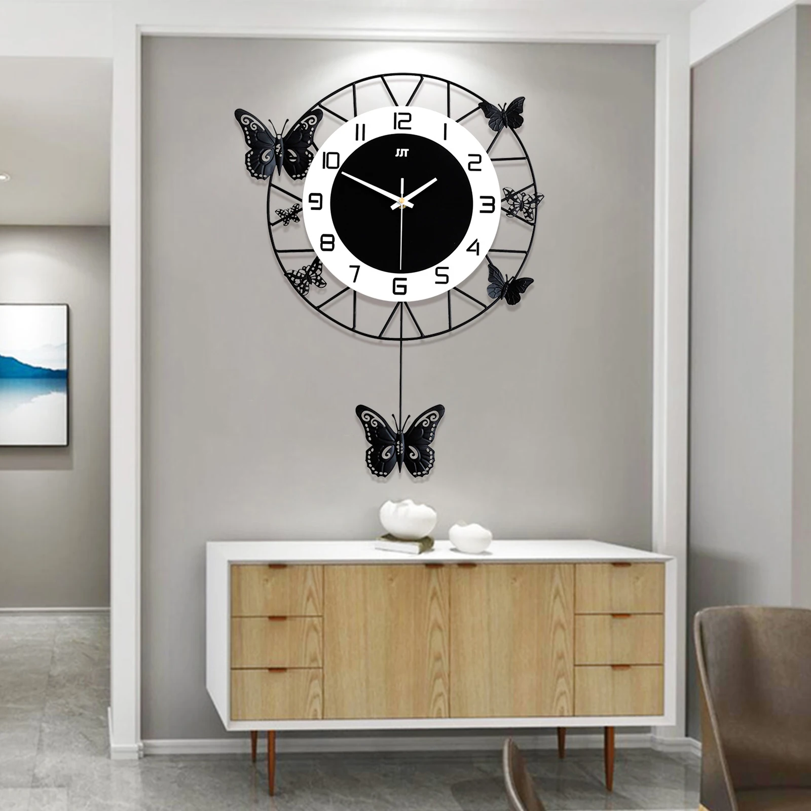 20inch Large Round Butterfly Wall-mounted Clock Creative Iron Craft  Modern Metal Quartz Clock Home Living Room Decor