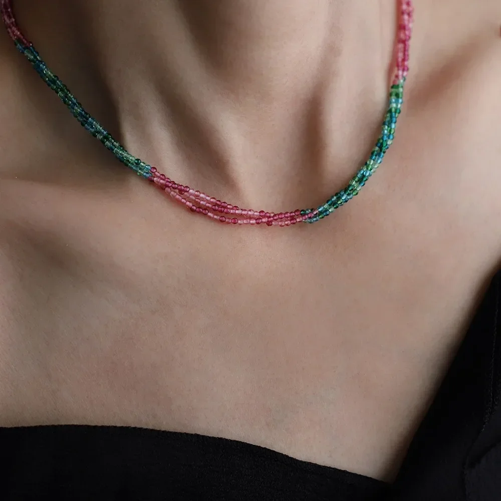 

RHYOSNG Three Layers Chain Scheme Imitation Tourmaline Colorful Beaded Necklace Stainless Steel Jewelry Accessories for Women