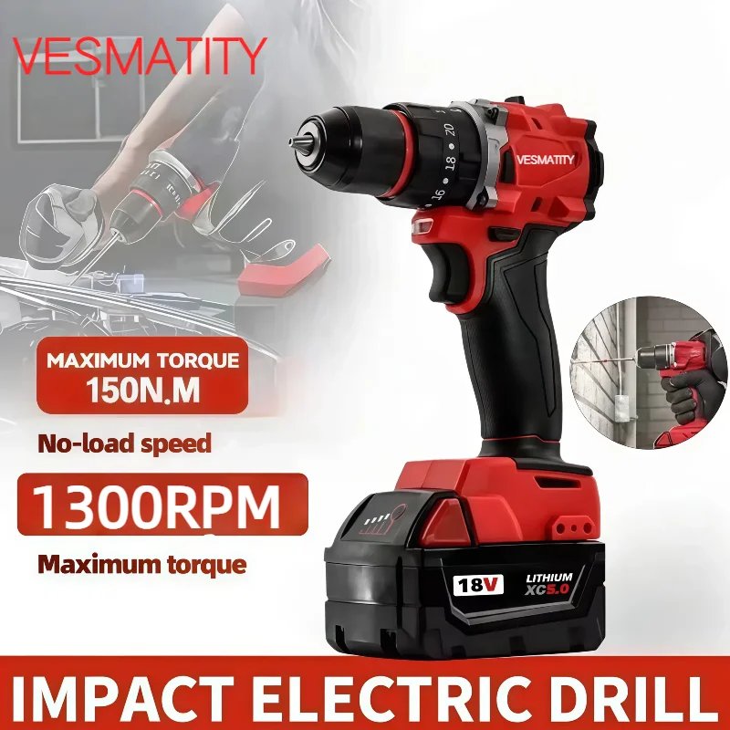 Cordless Lithium Electric Drill, Built-in LED Light, Portable Impact Drill for Home Repair，for Milwaukee  Battery pin