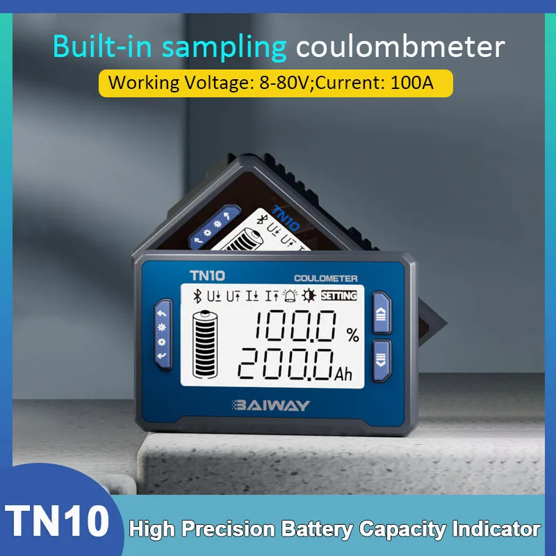 

TN10 Battery Capacity Monitor DC 8-80V 100A Coulomb Meter Built-In Sampling High Precision Battery Tester Voltage Current Meter