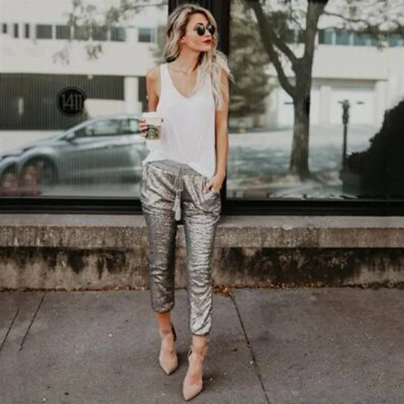 Faionable Sequin Elastic Waist Belted Casual Pants Spring New Women's Clothing Cross-Border Loose Fit Nine-Piece Pants