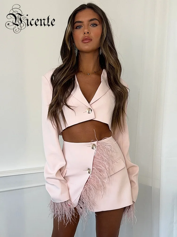 VC Sets For Women 2 Pieces Pink Sexy Long Sleeve Cropped Blazer+Feathers Short Skirt Suit Female Clothing