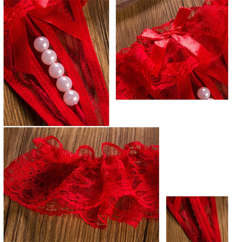 Women Sexy Panties Girl Gauze Bowknot Beads Lace Lingerie Underwear Low Waist Pearls Underpants Female Thongs Briefs Temptation