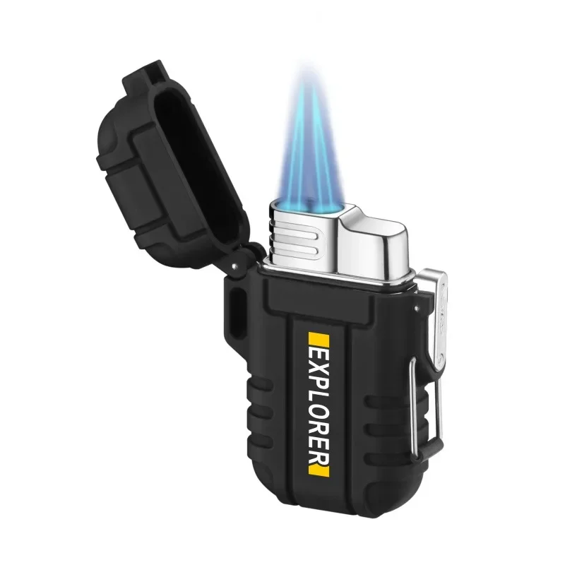 Outdoor Waterproof Lighter with Lanyard Portable Blue Flame Jet Lighter Butane Turbo Cigar Lighter Camping Wading Men\'s Gadgets