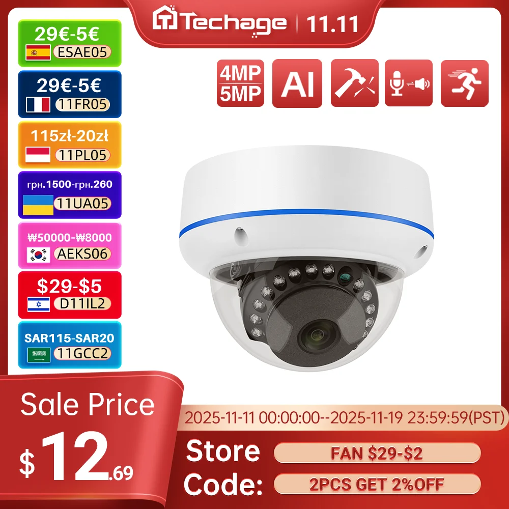 

Techage H.265 4MP 5MP Indoor Dome 48V POE IP Camera Audio VandalProof IPC P2P Video CCTV Security Surveillance Onvif Protocol