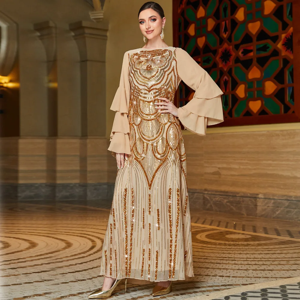 Lotus Leaf Sleeve Robe Caftan Sequined Y2K Gold Luxury Abaya Muslim Dress Women Multi-Layer Embroidered Dress Robe Abaya