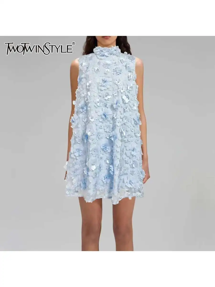 

TWOTWINSTYLE Solid Spliced Appliques Loose Dresses For Women O Neck Sleeveless High Waist Temperament Dress Female Fashion New