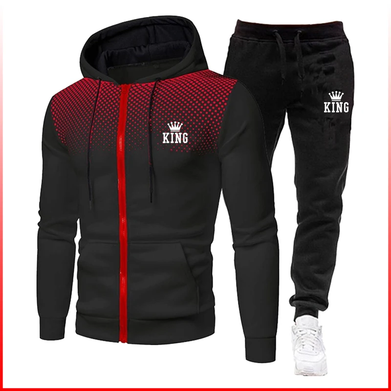 

Men's Clothing King Print Track Suits Sports Wear Jogging Suits Hooded Tracksuit Set Clothes Jackets+Sweatpants Sweat Suits