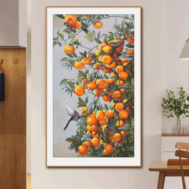 

11CT Cross Stitch Embroidery Kit - Good Lucky Birds Orange Tree Printed Pattern Full Needlework Painting for Wedding Wall Decor