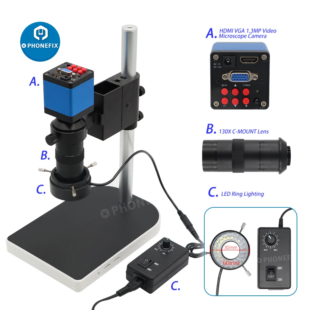 

HD Microscope Camera Set 13MP 1080P 60F/S HDMI VGA Industrial Microscopic Camera + 130X C Mount Lens + 40 LED Ring Light Lamp