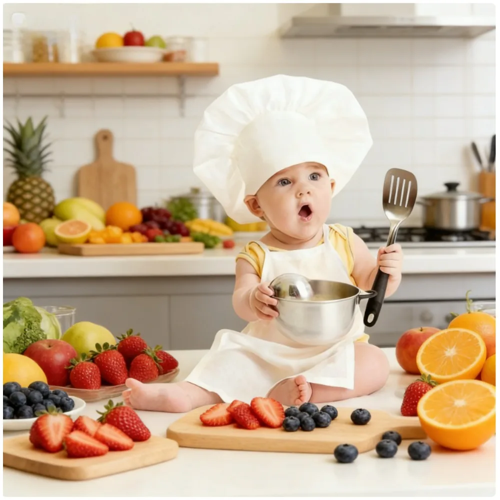 

Костюм для фотосессии новорожденных: набор маленького поварика с белой шапочкой и фартуком для детской фотосессии.