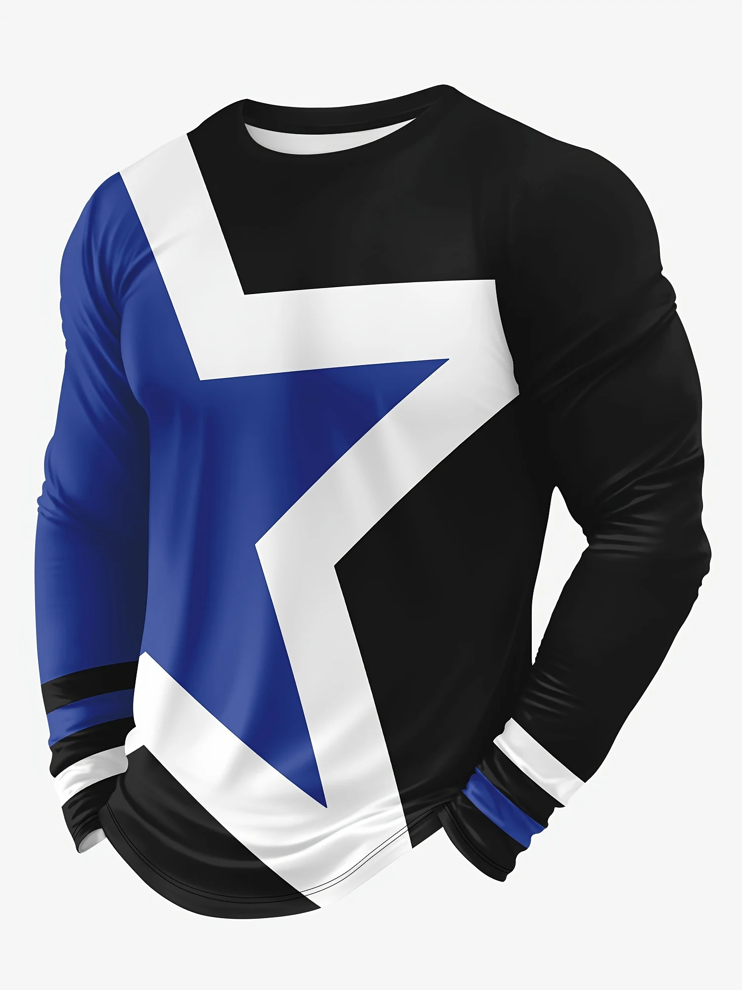 أزياء رياضية للرجال، تي شيرت بأكمام طويلة ونجمة ملونة ونمط مخطط وياقة دائرية وأكمام طويلة، قمصان ترفيهية للربيع والخريف