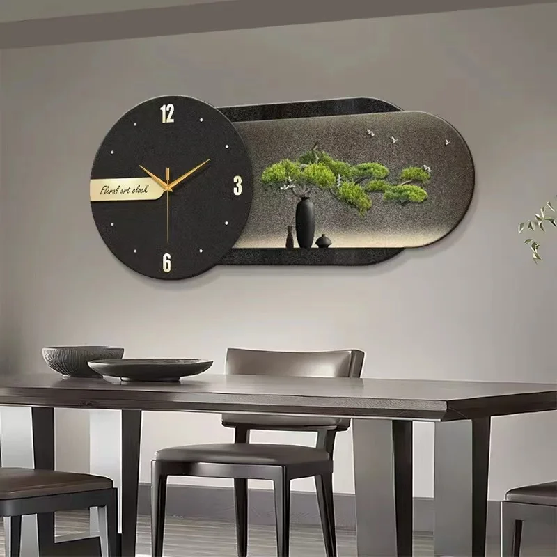 New Chinese style clock restaurant decoration painting restaurant wall clock painting welcomes guests pine wood living room LED