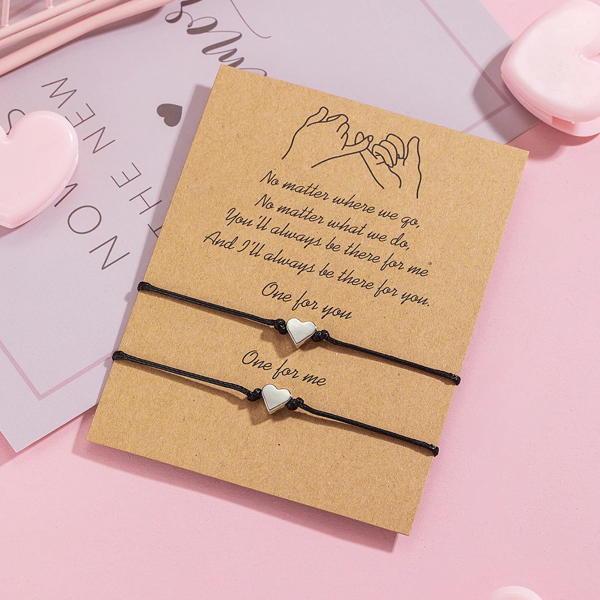 Paquete de Dos Pulseras de Cuerda Ajustables con Corazón de Cobre en Varios Colores, como Regalo para el Día de San Valentín