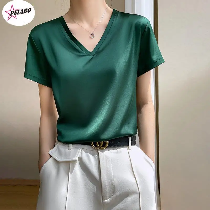 PULABO Tees Summer Basic Solid Women's T-Shirts V-Neck Short Sleeve Tees Tops Satin Silk Elegant Thin Shirts For Female y2k