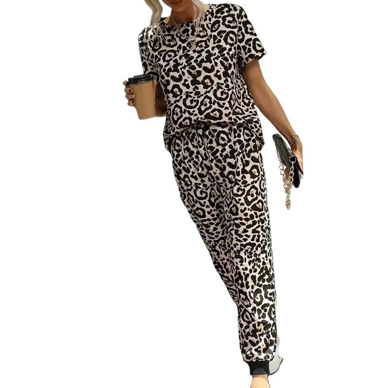 Fashion Leopard Print Women Blouse New Loose Long Pants 2 Two Piece Set Elegant O Neck Short Sleeve Vintage Outfits Suit Clothes