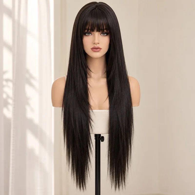34 Inch Long Straight Black Wig with Bangs for Women Layered Synthetic Full Wig Natural Look for Daily Use Cosplay Party