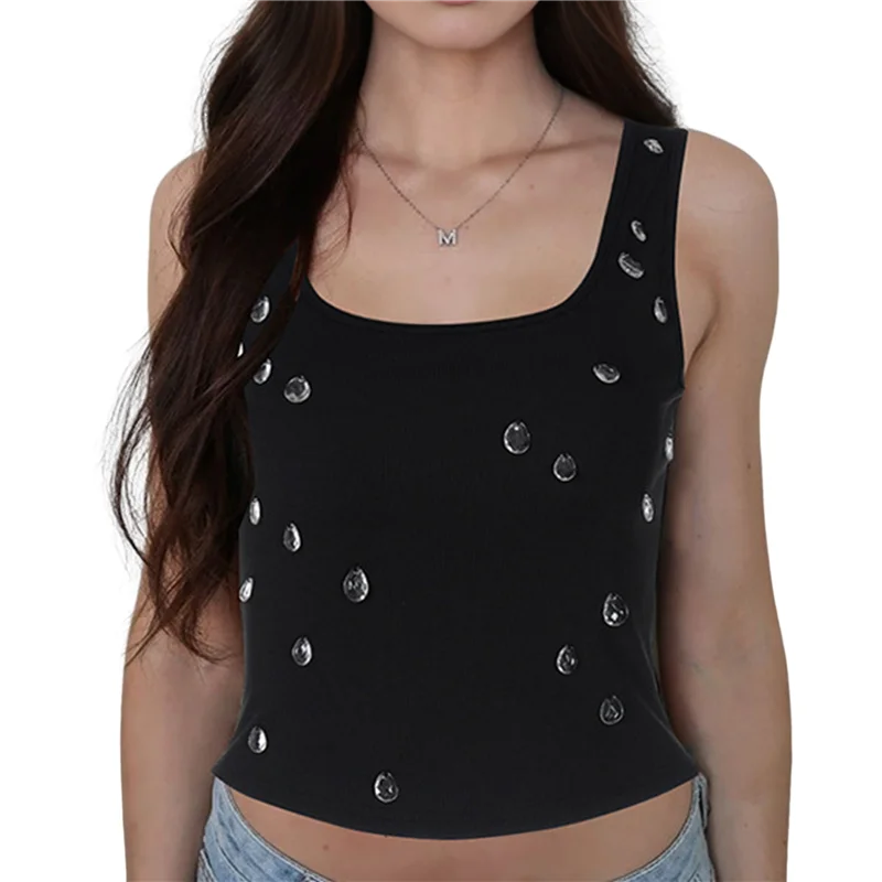 

ABRT-Y2K Women's Rhinestone Decorated Ribbed Square Neck Sleeveless Cropped Top