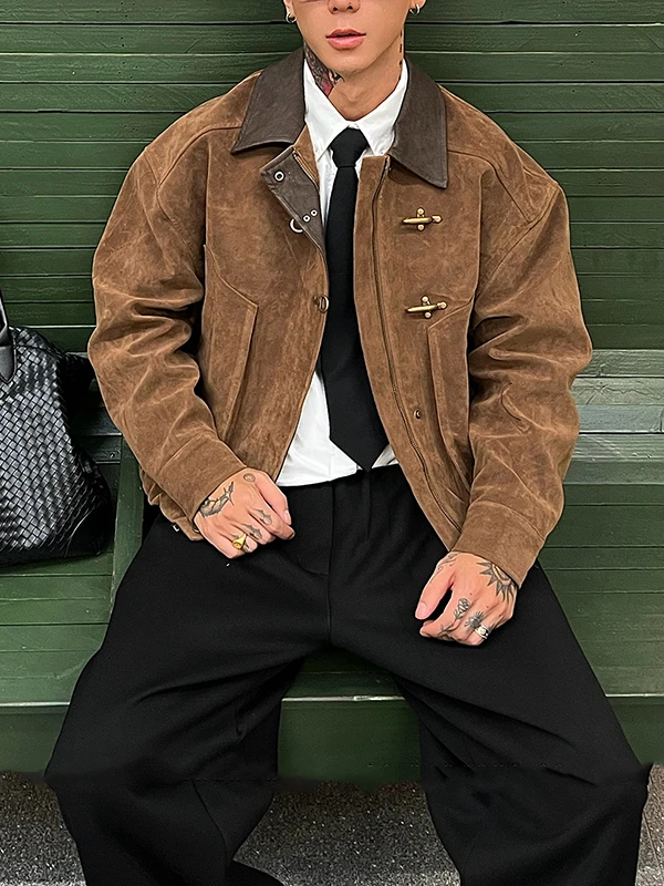 

Barn Style Brown Suede Workwear Jacket Loose Short Flip Collar Men's Fashion Retro Autumn Outerwear Button Decorated Polyeste...