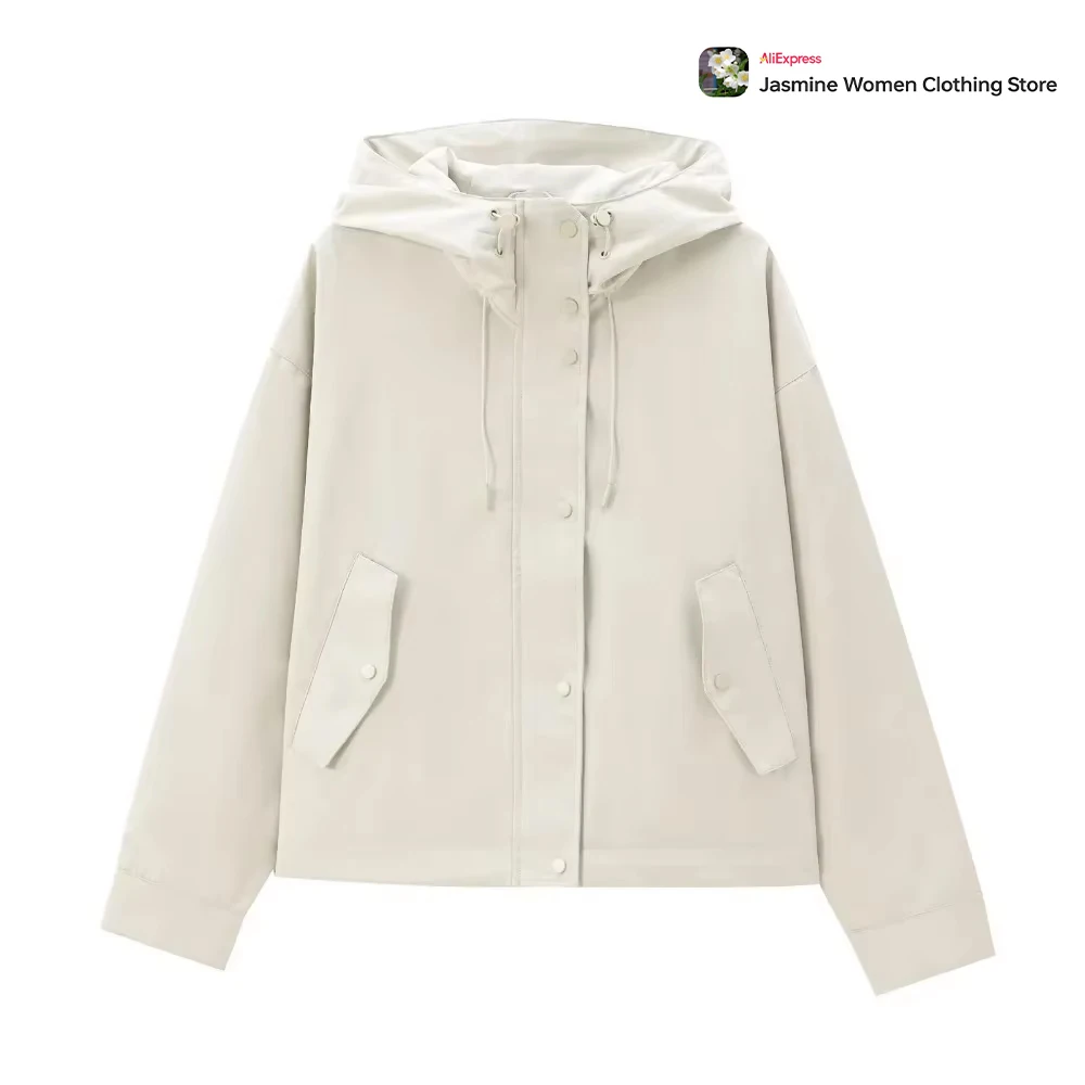 Ladies Normcore Solid Long Sleeves Ecru Jacket Kpop Fall Fashion Outerwear Front Flap Pockets Y2k Coat 2024 Women Hooded Jacket