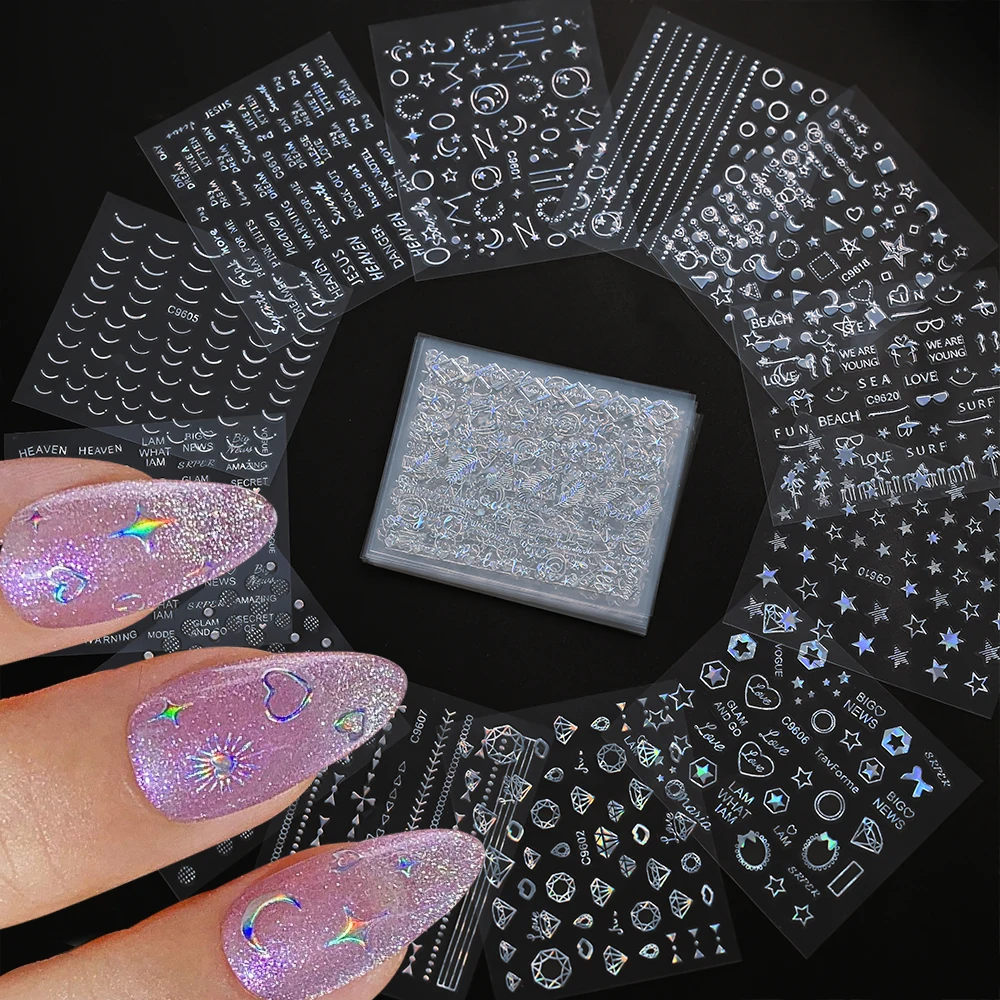 30 Sheets 3D Sun Star Moon Nail Art Stickers Laser Silver Heart/Curve Stripe/Lines/Wings/Letter Adhesive Slider Bronzing Decals