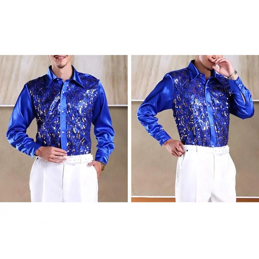 Formal Casual Shirt Tops Men\'s Luxury Sequins Performance Shirt for Wedding Stage Formal Casual Wear Long Sleeve Single-breasted