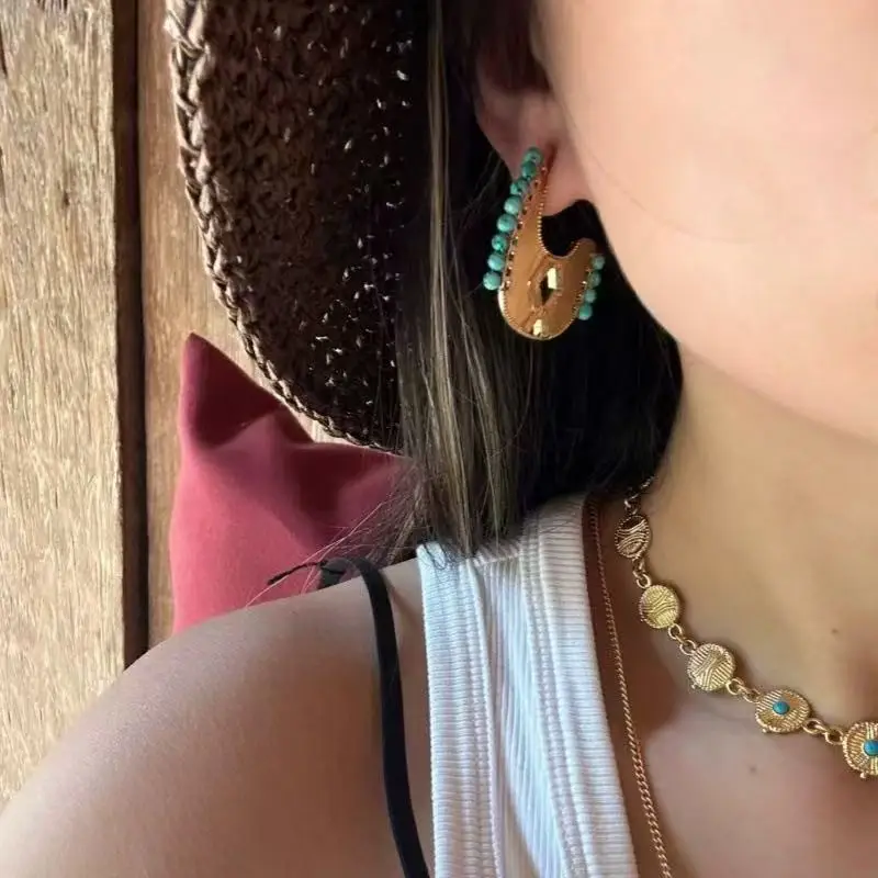 

Jenny&dave 925 Silver Texture String Turquoise Hollow Earrings Gold-plated Niche Tiger Eye Stone Earrings