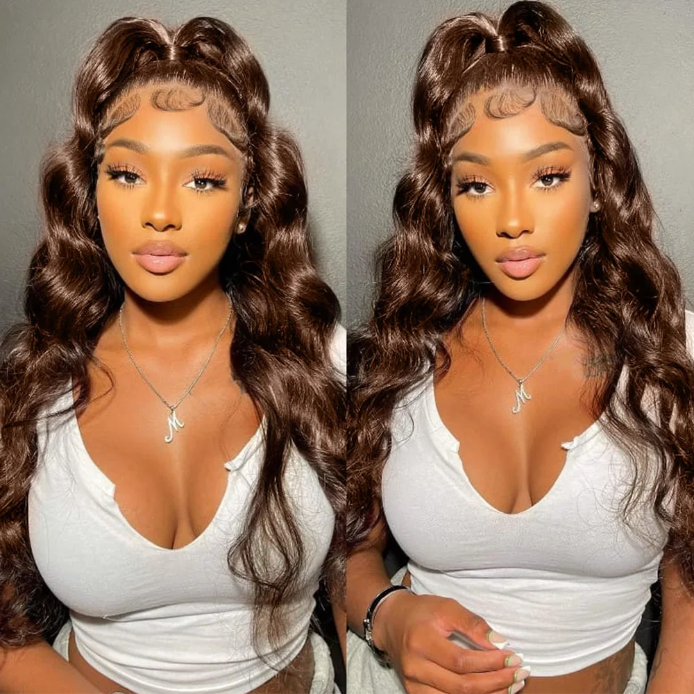 30 40 بوصة # 4 الشوكولاته البني 200 الكثافة الجسم موجة 13x4 13x6 HD الدانتيل الشفاف شعر مستعار أمامي البرازيلي خصلات الشعر المستعار الإنسان للنساء