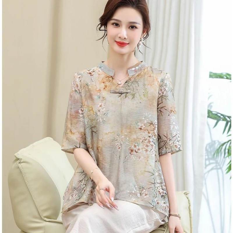 Women Summer Elegant Loose Temperament Printing Cotton and Linen V-neck Short Sleeve T-Shirt Ladies Casual All-match Trend Tops