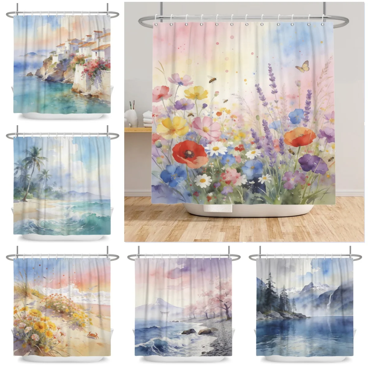 

Акварельные пейзажные шторки для душа с цветочным узором, морским и горным пейзажем, водонепроницаемые, для декора ванной комнаты, из полиэстеровой ткани, с крючками