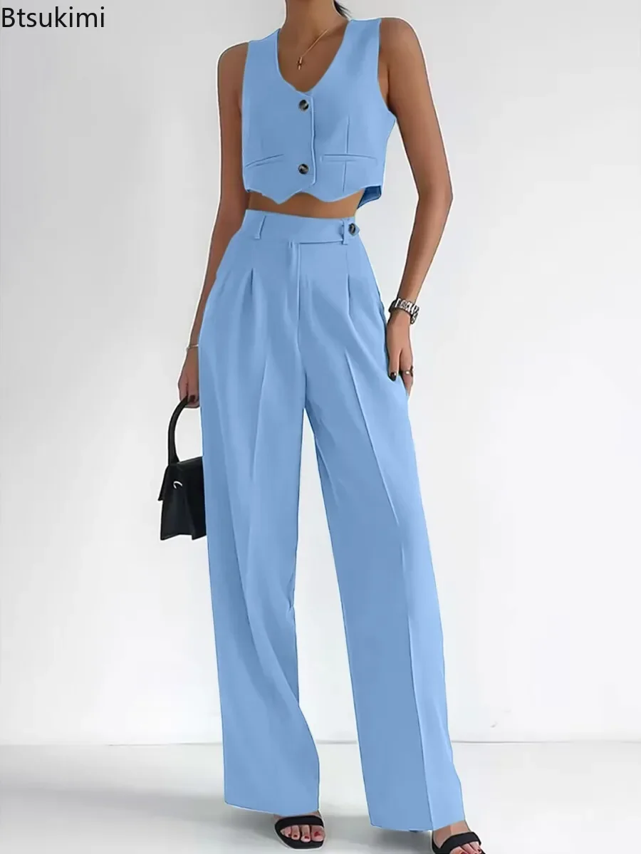 

2025 Women's Casual Vest Suit Spring Summer Sexy Slim V-neck Button Tank Tops Wide Leg Long Pant Suits Woman Pant Sets Clothing