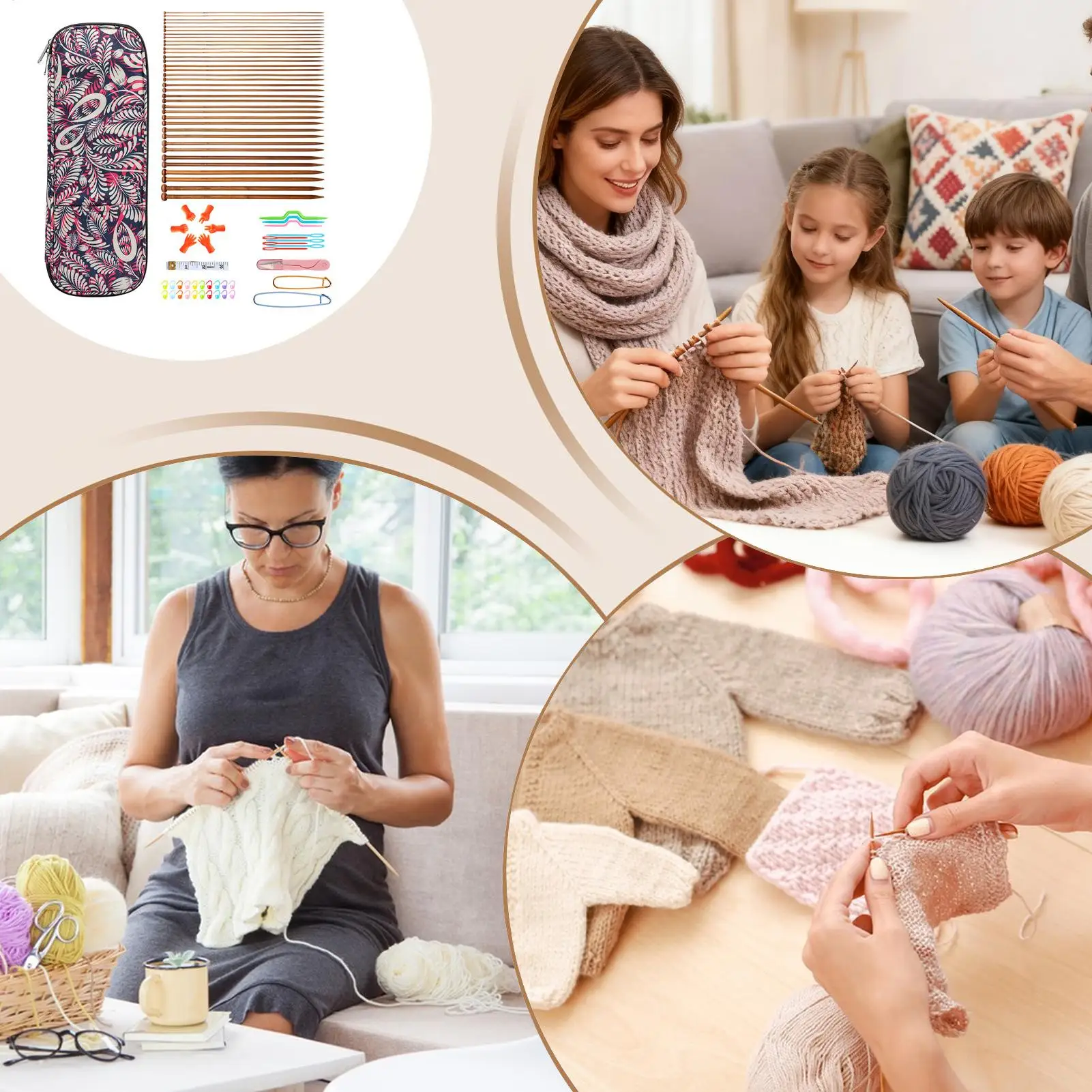 

Knitting Needle Set Measuring Tapes Knit Accessories 13.7in Wood Needles Knitting Set For Beginner Adult Women Grandma Men Yarn