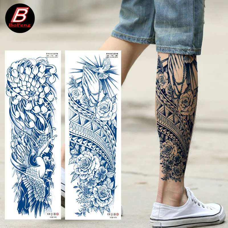 Pegatina de tatuaje de brazo completo a base de hierbas con brazo de flor grande y pierna de flor semipermanente, tatuajes de jugo de 7-15 días,